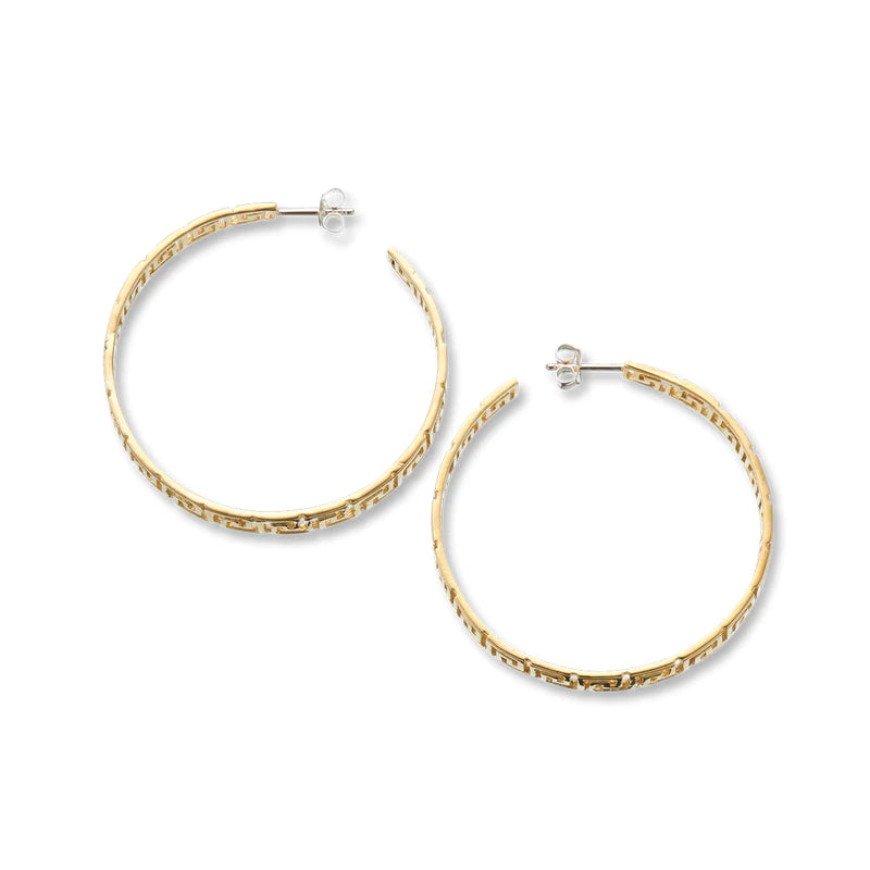 Palas Brass &amp; Sterling Silver Paros Greek Key Hoop Earrings 43mm