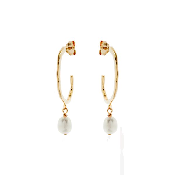 Hammered Hoop Earring with Freshwater Pearl - Sterling Silver with Gold Plating
