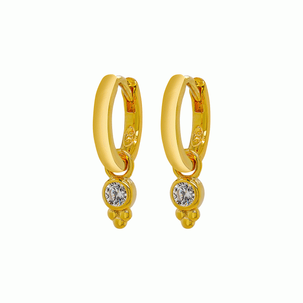 Huggie Earring with Hanging CZ - Sterling Silver with Gold Plating