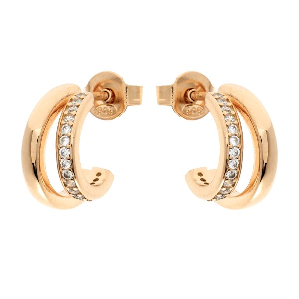 Double Hoop Stud Earring - Sterling Silver with Gold Plating &amp; CZ
