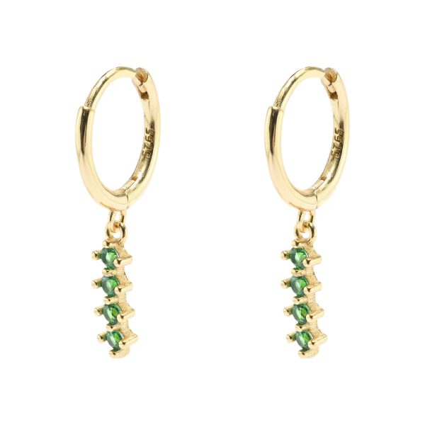 Huggie Earring with Hanging Green CZ - Sterling Silver with Gold Plating