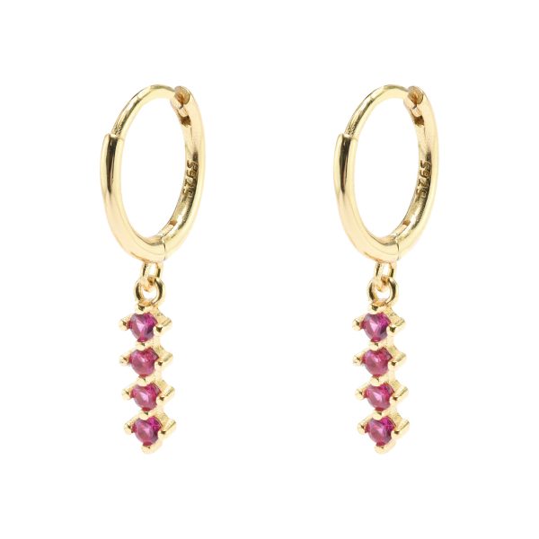 Huggie Earring with Hanging Pink CZ - Sterling Silver with Gold Plating